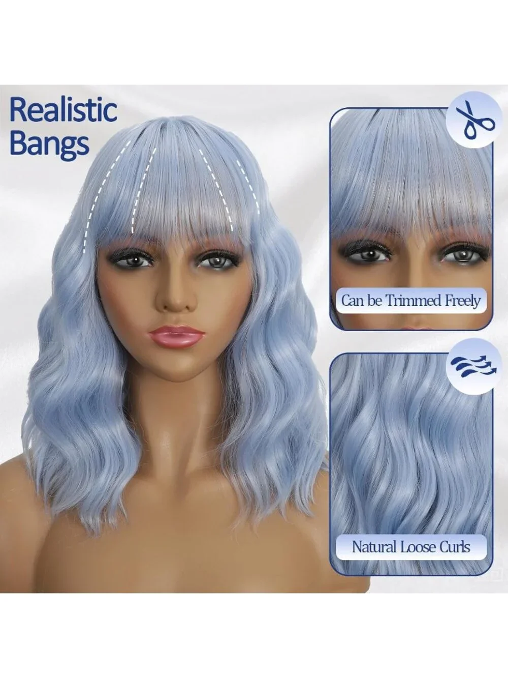 Women's Light Blue 14 Inch Heat Resistant Synthetic Short Wavy Bob Wigs Bangs